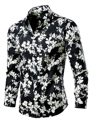 Men's black button-down shirt with white tropical leaf print, long sleeves, cotton.