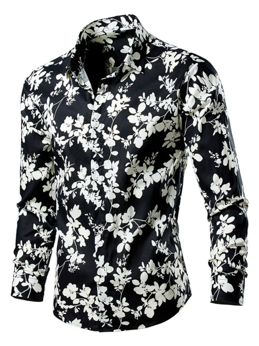 Men's black button-down shirt with white tropical leaf print, long sleeves, cotton.