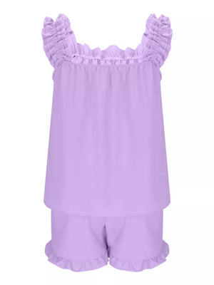 Ruffled lavender pajama set with square neckline and ruffled shorts.