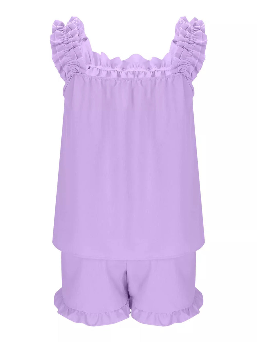 Ruffled lavender pajama set with square neckline and ruffled shorts.