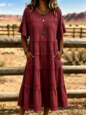 midi dress in burgundy featuring tiered and A-line fit