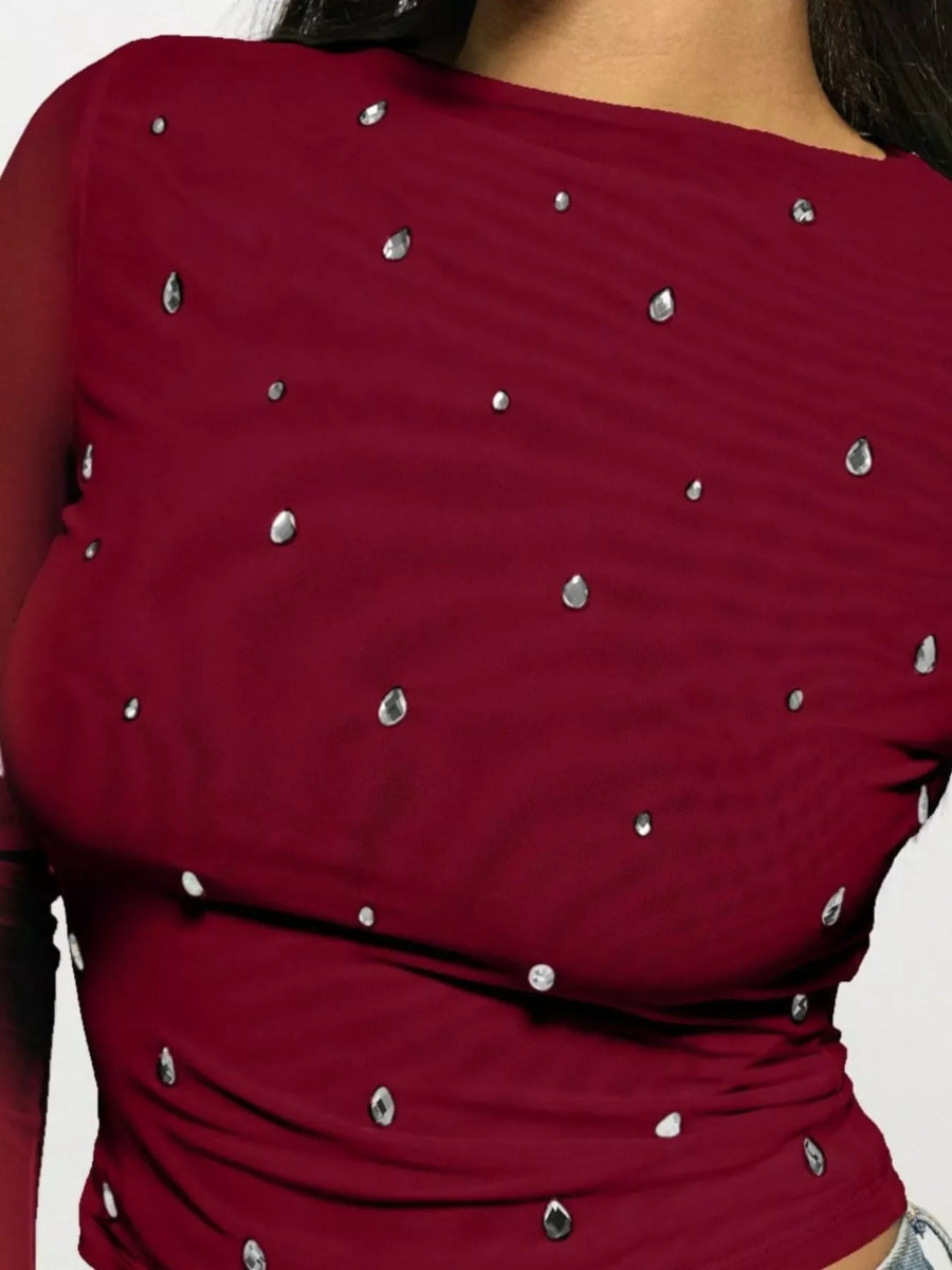 Burgundy mesh long-sleeve t-shirt with scattered rhinestones.