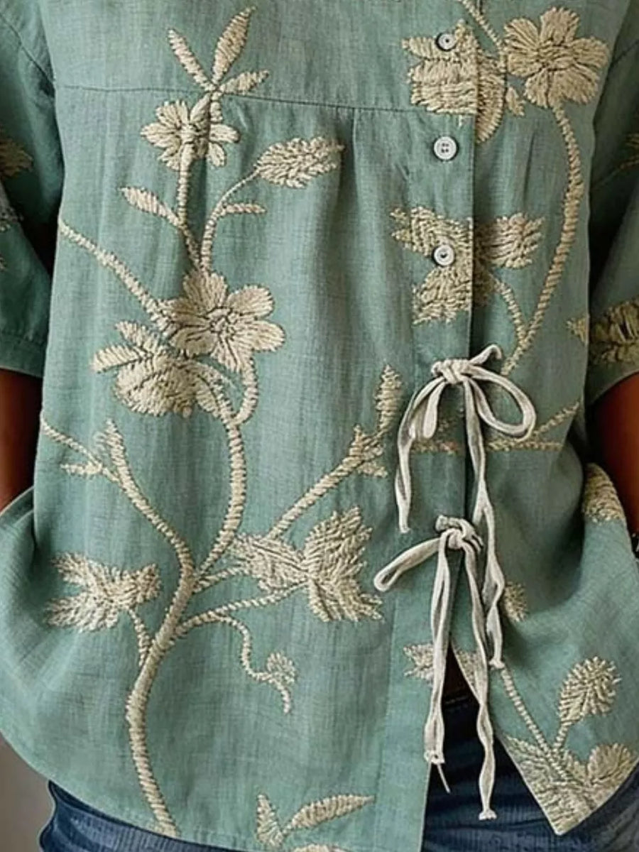 Black Embroidered Floral Tie Front Shirt Plus Size