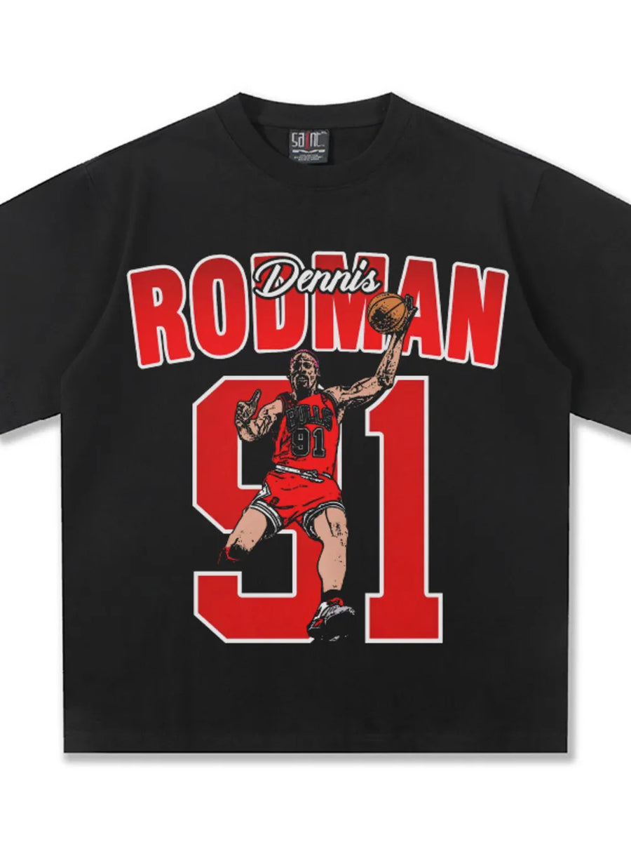 Black cotton t-shirt with Dennis Rodman graphic and number 91