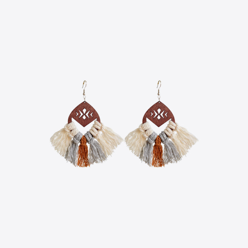 Geometric macrame tassel earrings with wood detail in cream, grey, and rust.