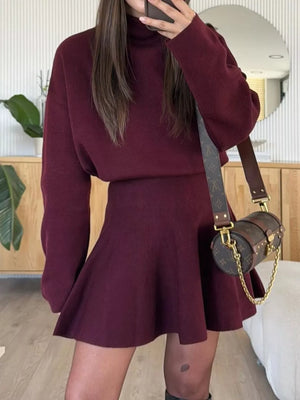 Burgundy turtleneck sweater and flared mini skirt set, casual autumn knit outfit