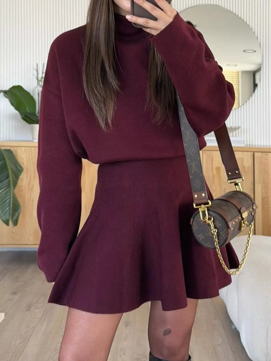 Burgundy turtleneck sweater and flared mini skirt set, casual autumn knit outfit