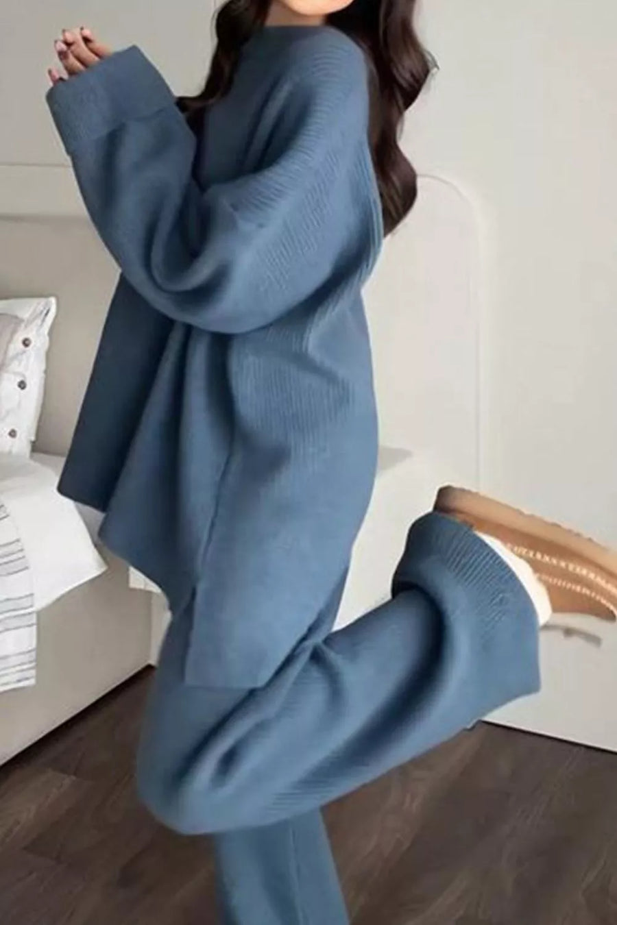 70% polyester, 20% acrylic, 10% polyamide Care instructions: Machine wash cold matching set in Dusty Blue with oversized
