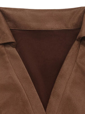 Brown faux suede collared jacket with a V-neckline