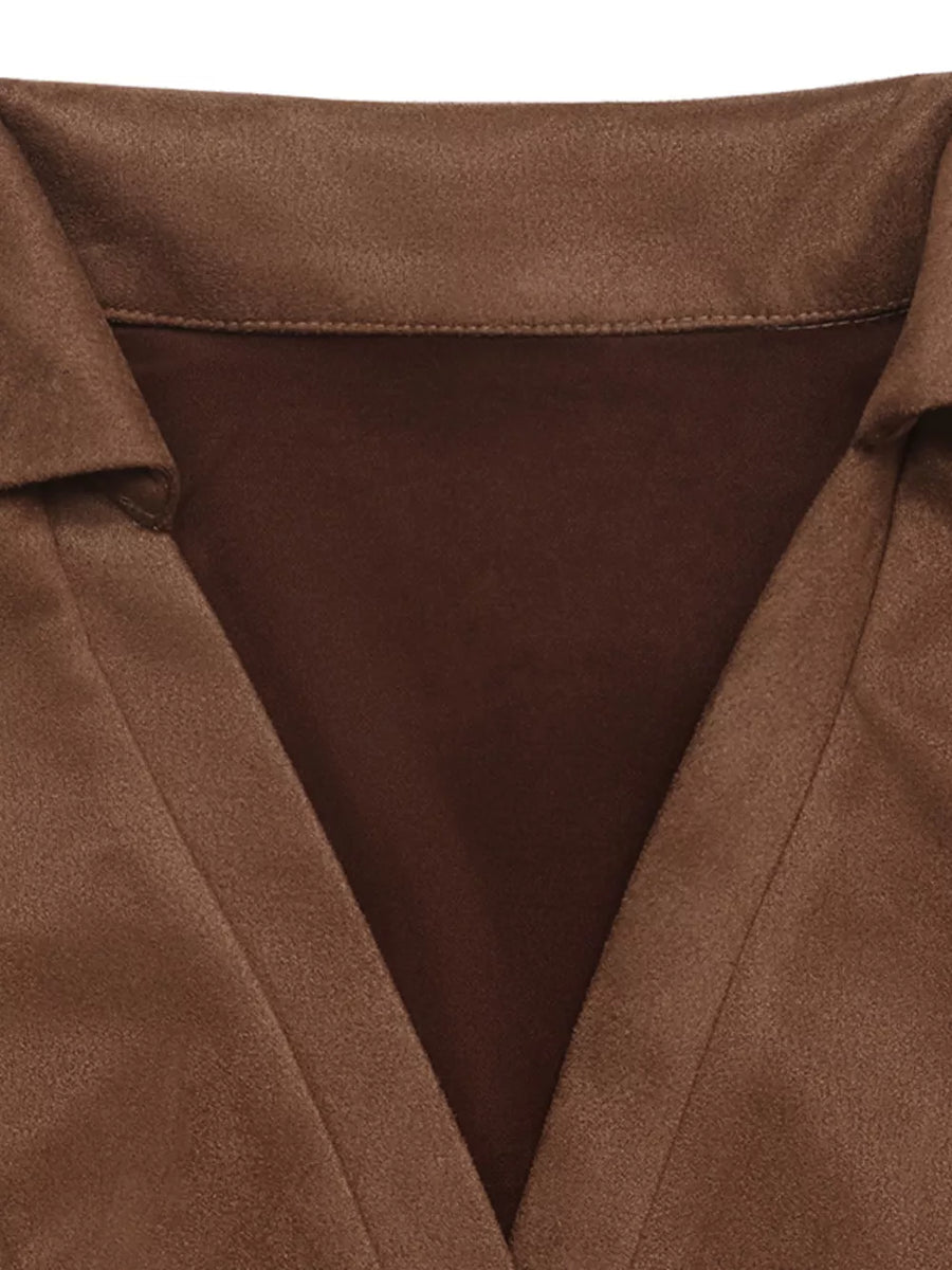 Brown faux suede collared jacket with a V-neckline