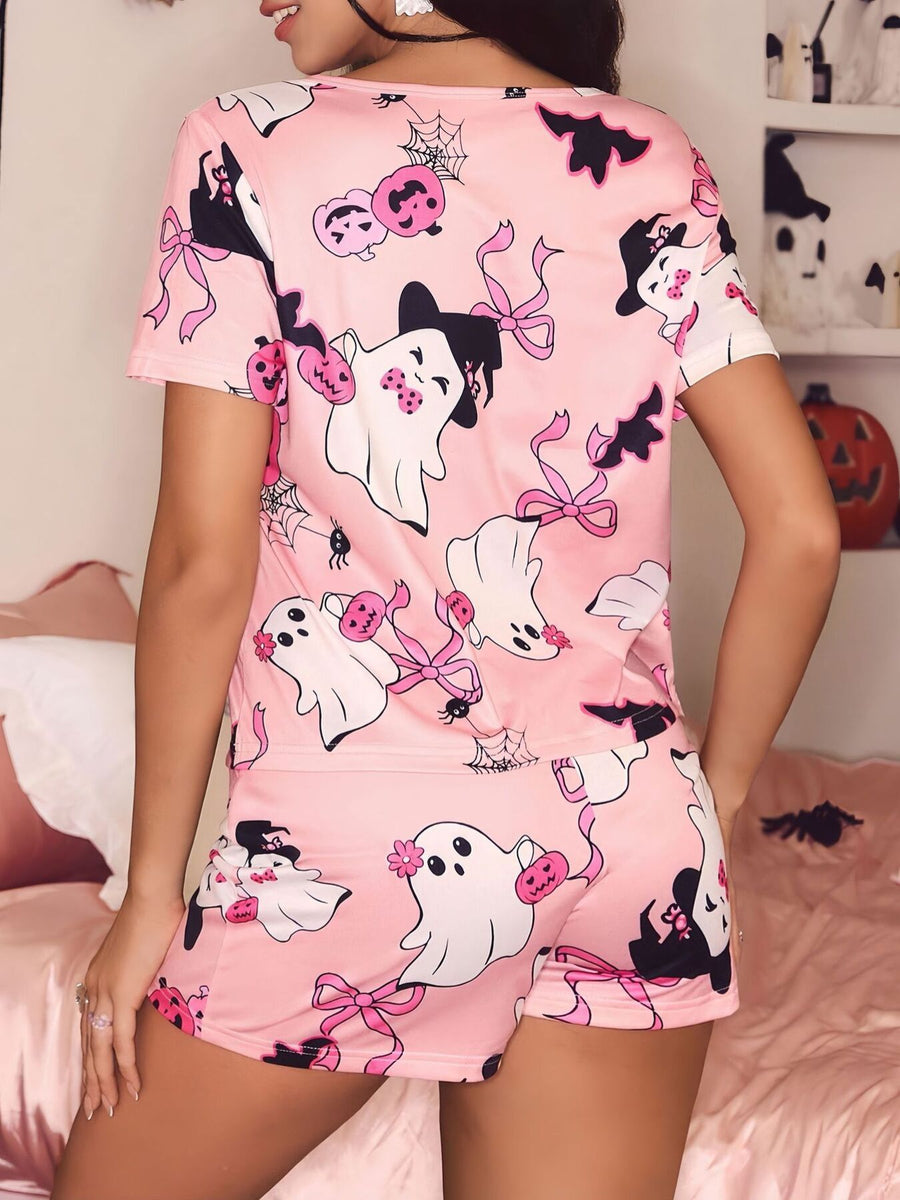 pajama set in Black with novelty print and drawstring waist