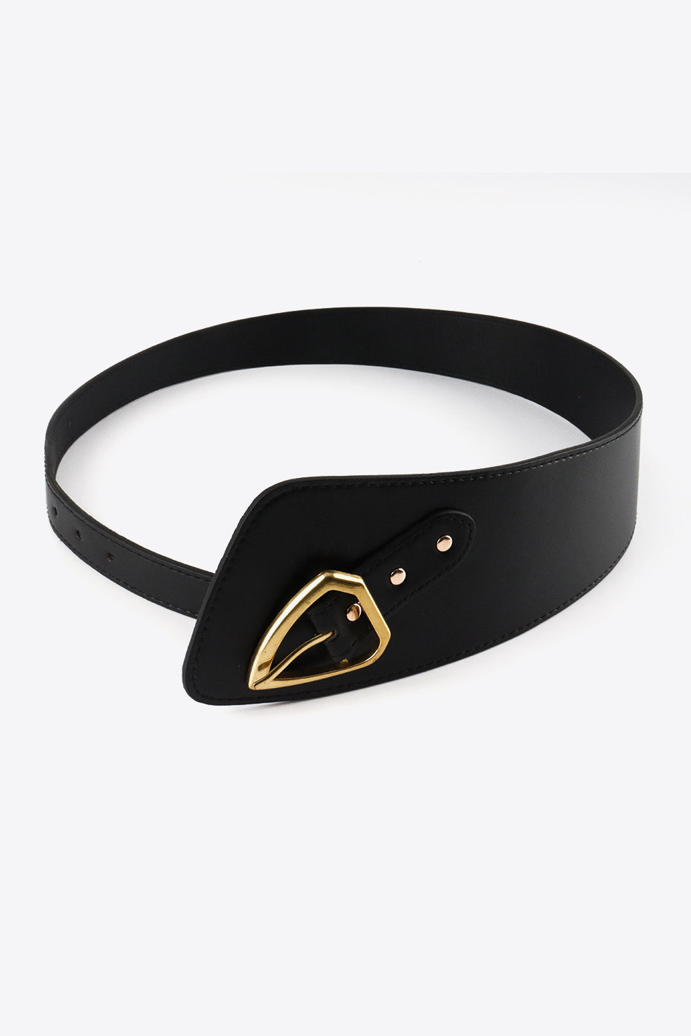 Black leather waist belt with sculpted asymmetric design and gold buckle detail
