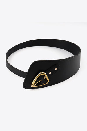 Black leather waist belt with sculpted asymmetric design and gold buckle detail