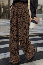 Leopard Print Elastic High Waist Corduroy Pants in Coffee Brown