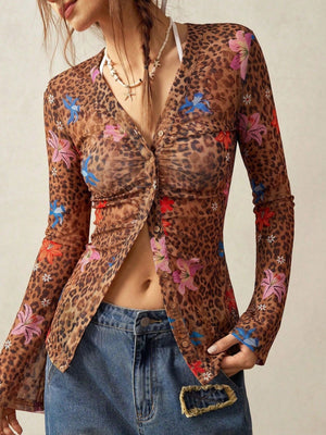 brown blouse with leopard-print floral and v-neck