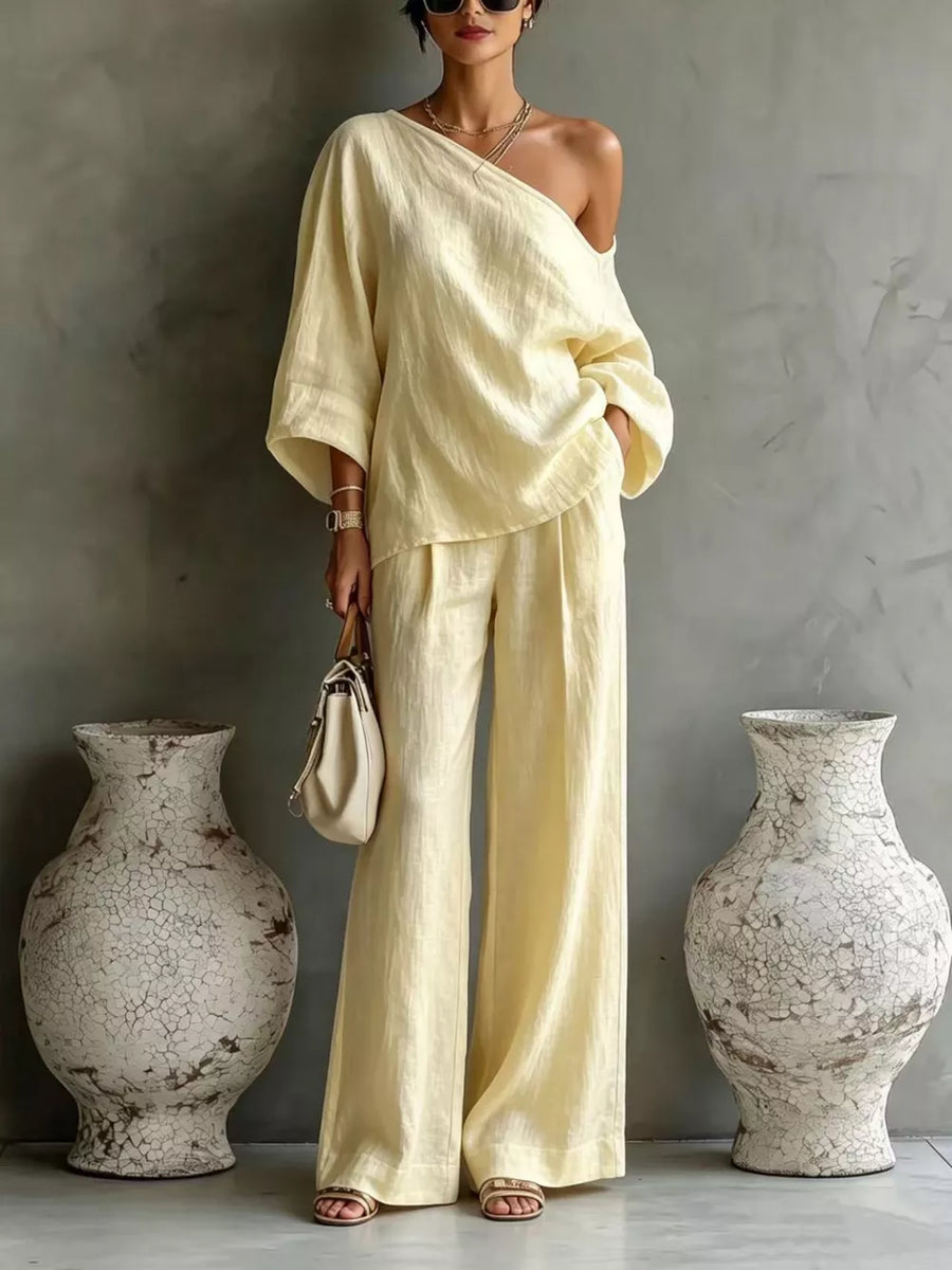 One Shoulder Top And Wide Leg Pants Set in Yellow with pocketed