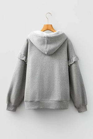 Gray with Contrast Rope Drawstring Ruffle Hoodie in Gray