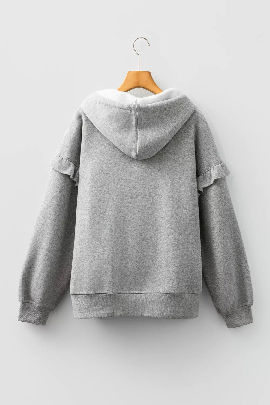 Gray with Contrast Rope Drawstring Ruffle Hoodie in Gray