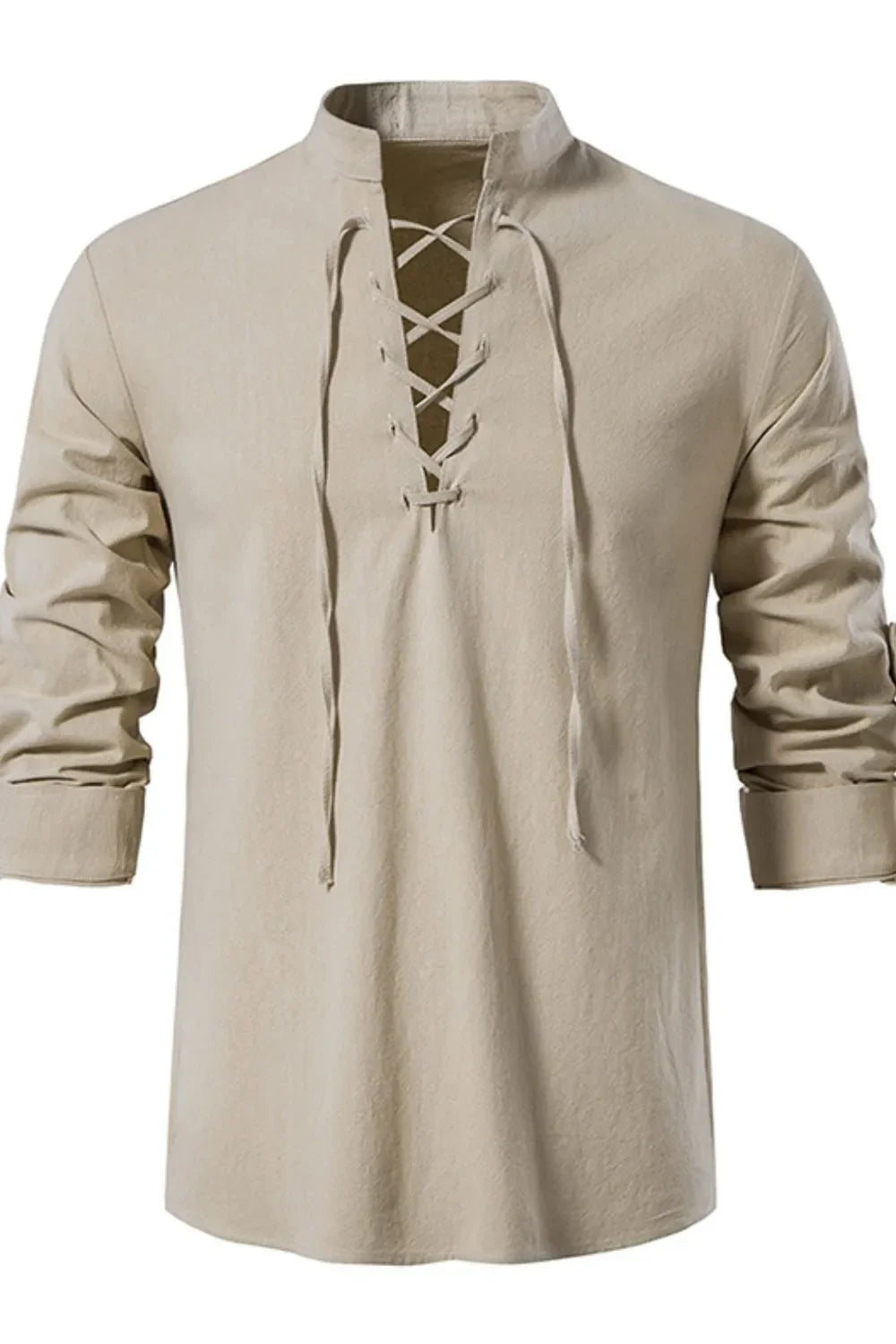 Khaki linen henley shirt with lace-up collar and rolled sleeves
