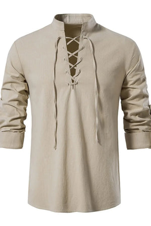 Khaki linen henley shirt with lace-up collar and rolled sleeves