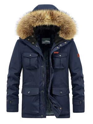 Dark blue parka with fur hood, multiple pockets, and fleece lining.