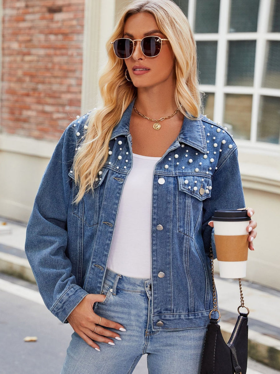 Pearl embellished washed denim jacket with button front and collar.