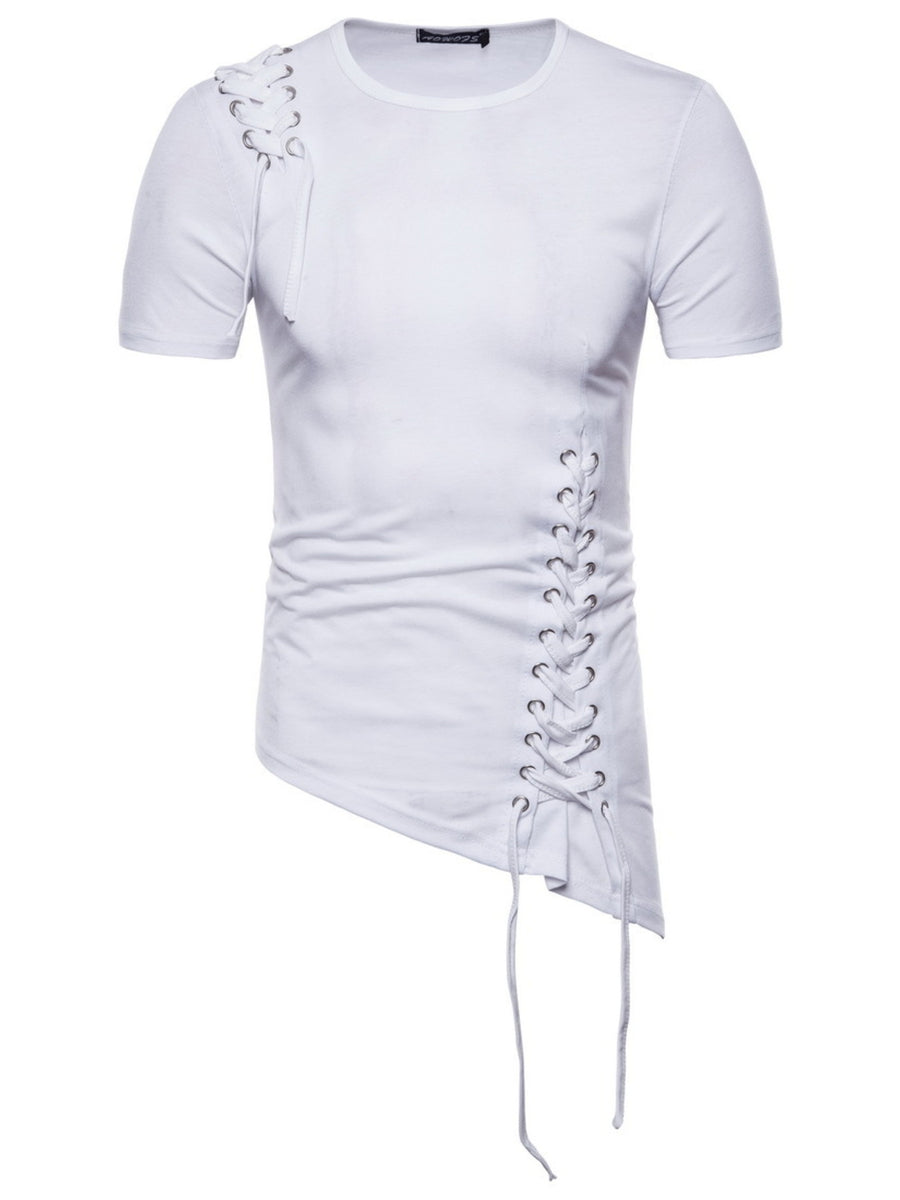 White cotton t-shirt with asymmetric hem and lace-up details on shoulder and side.