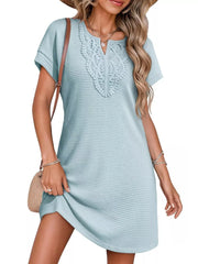 Sky blue waffle knit dress with lace V-neck detail and short sleeves.