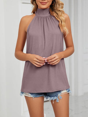 Lilac ruched high neck cami with tie back detail, sleeveless.