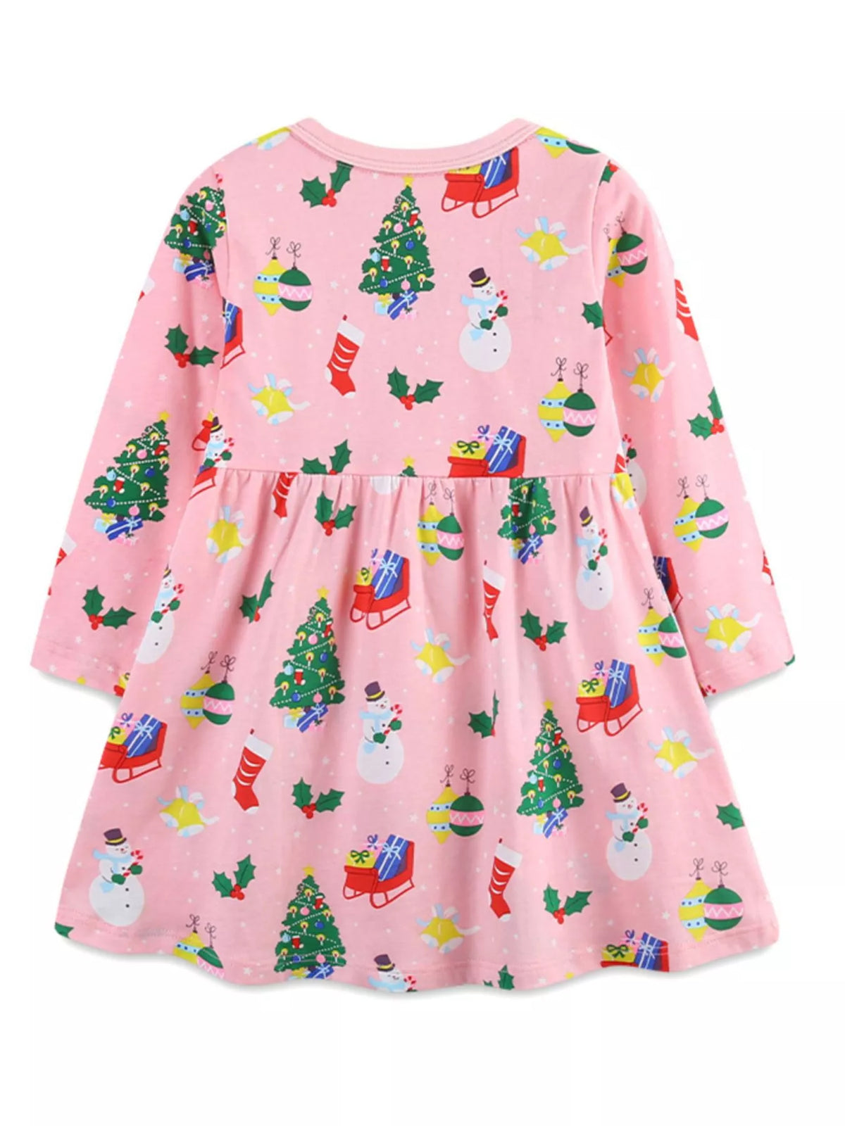 Pink long-sleeve baby dress with Christmas print, featuring snowmen, trees, stockings, and gifts.