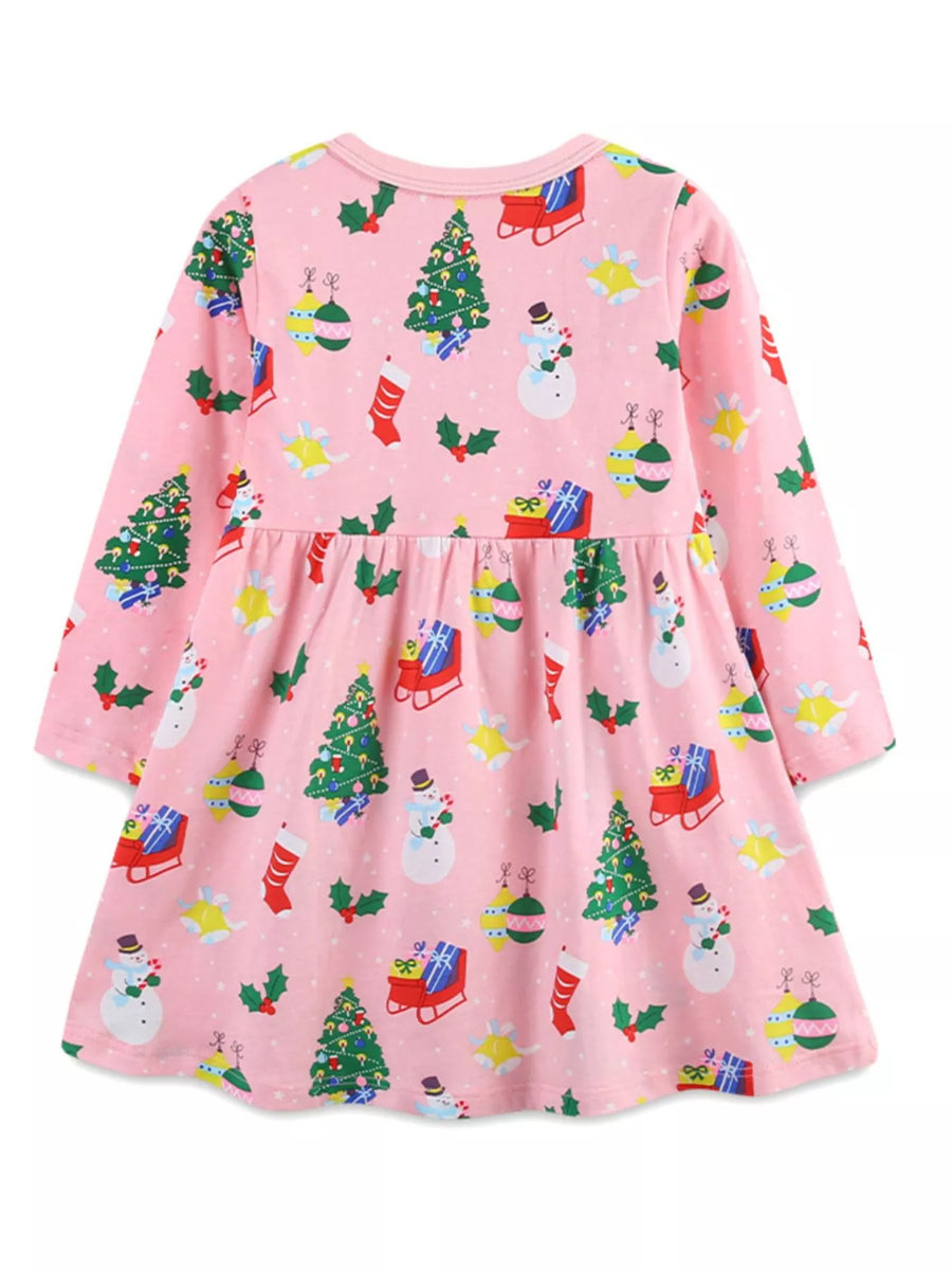 Pink long-sleeve baby dress with Christmas print, featuring snowmen, trees, stockings, and gifts.