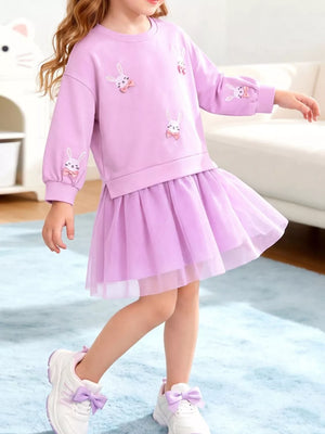 lavender sweater dress with embroidered and crew neck