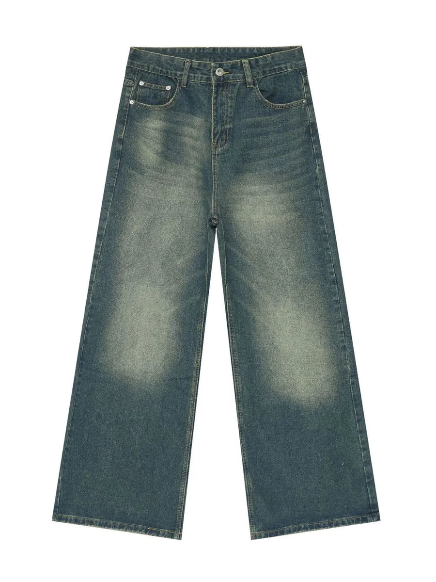 Light blue denim palazzo trousers with a wide leg and faded wash.