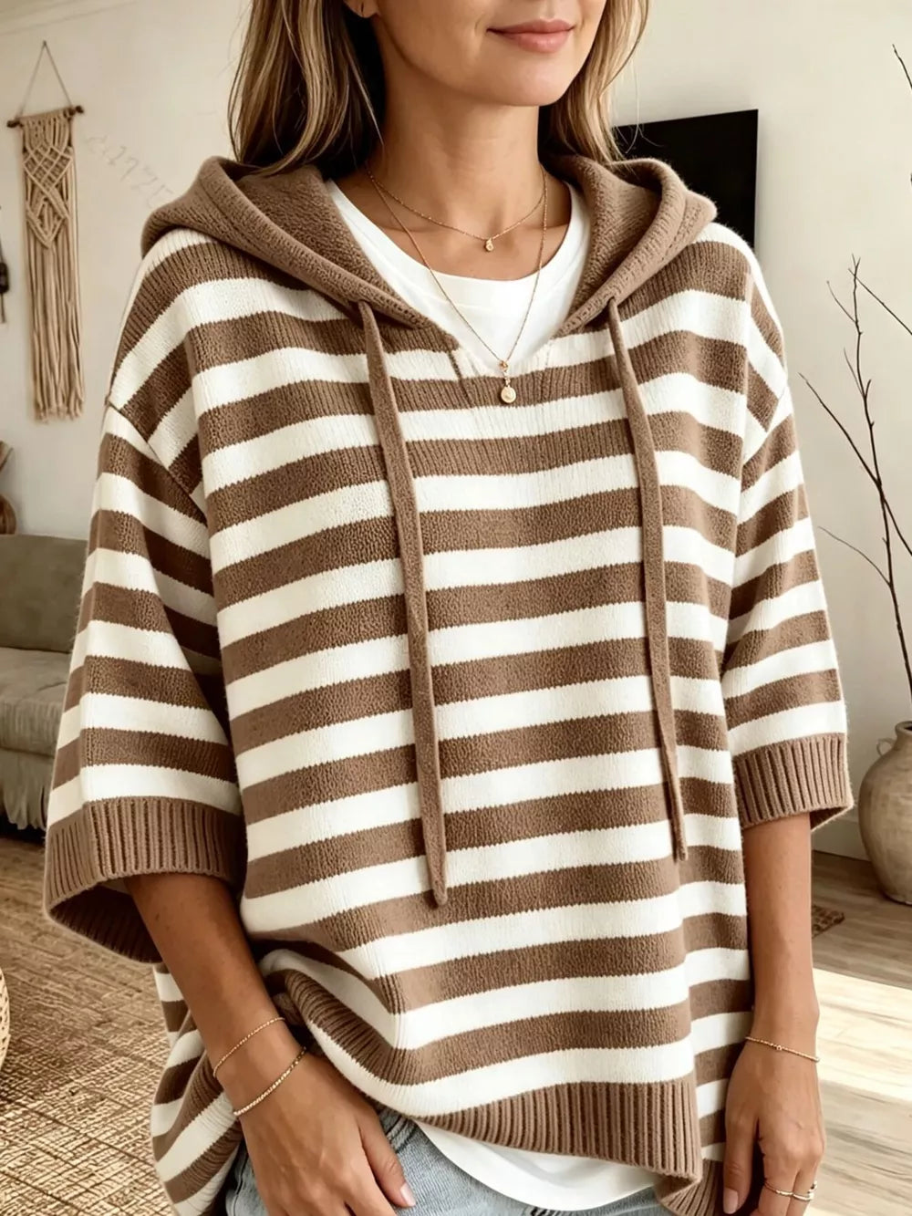 Navy Full Size Drawstring Striped Hooded Sweater