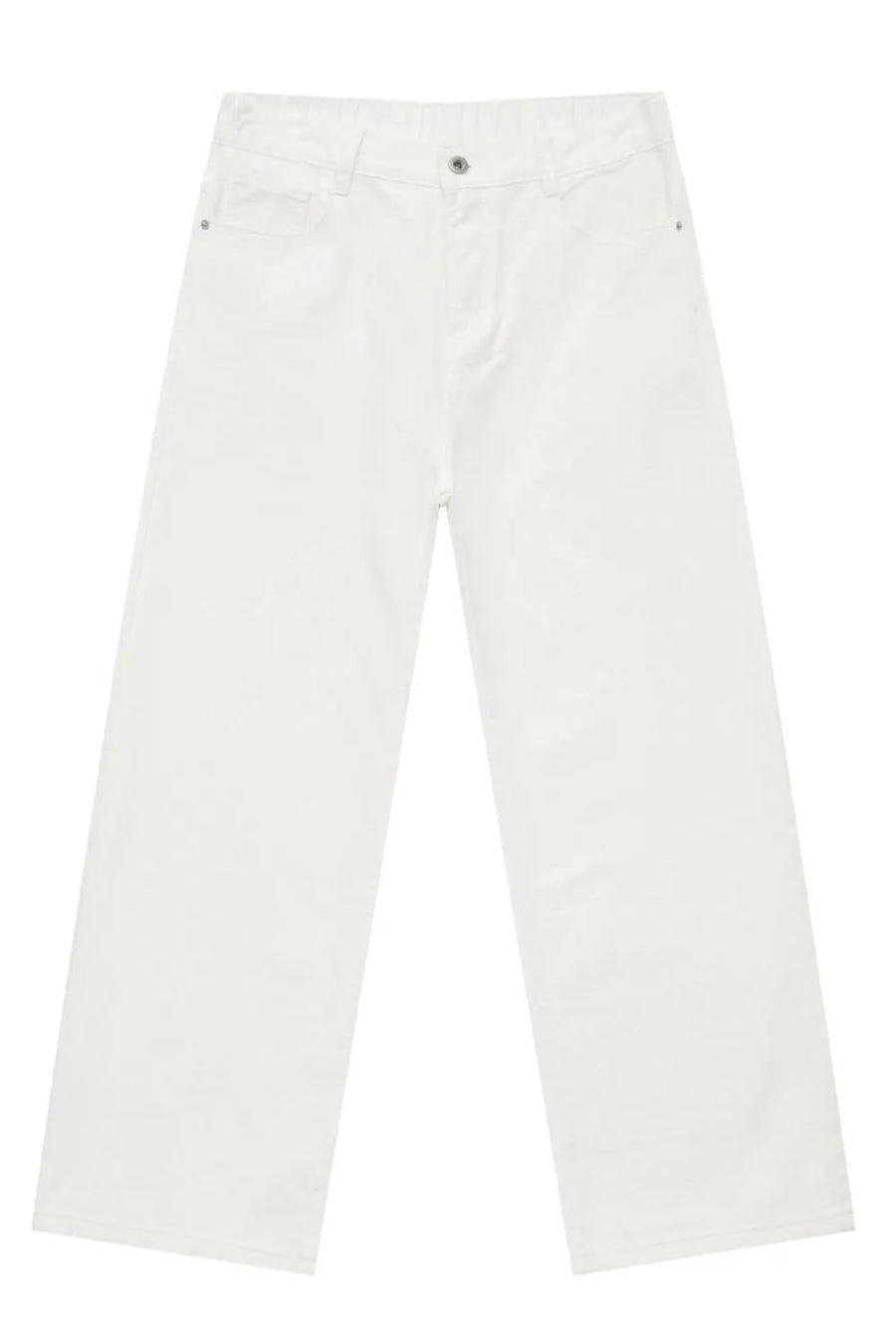 White wide-leg denim trousers with elastic waist and front pockets