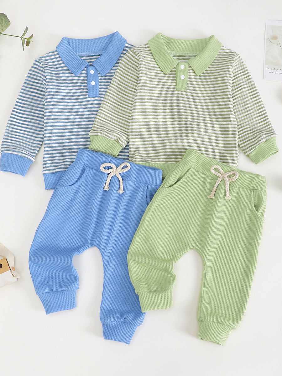 Children's blue and green striped polo shirts with matching waffle knit pants.