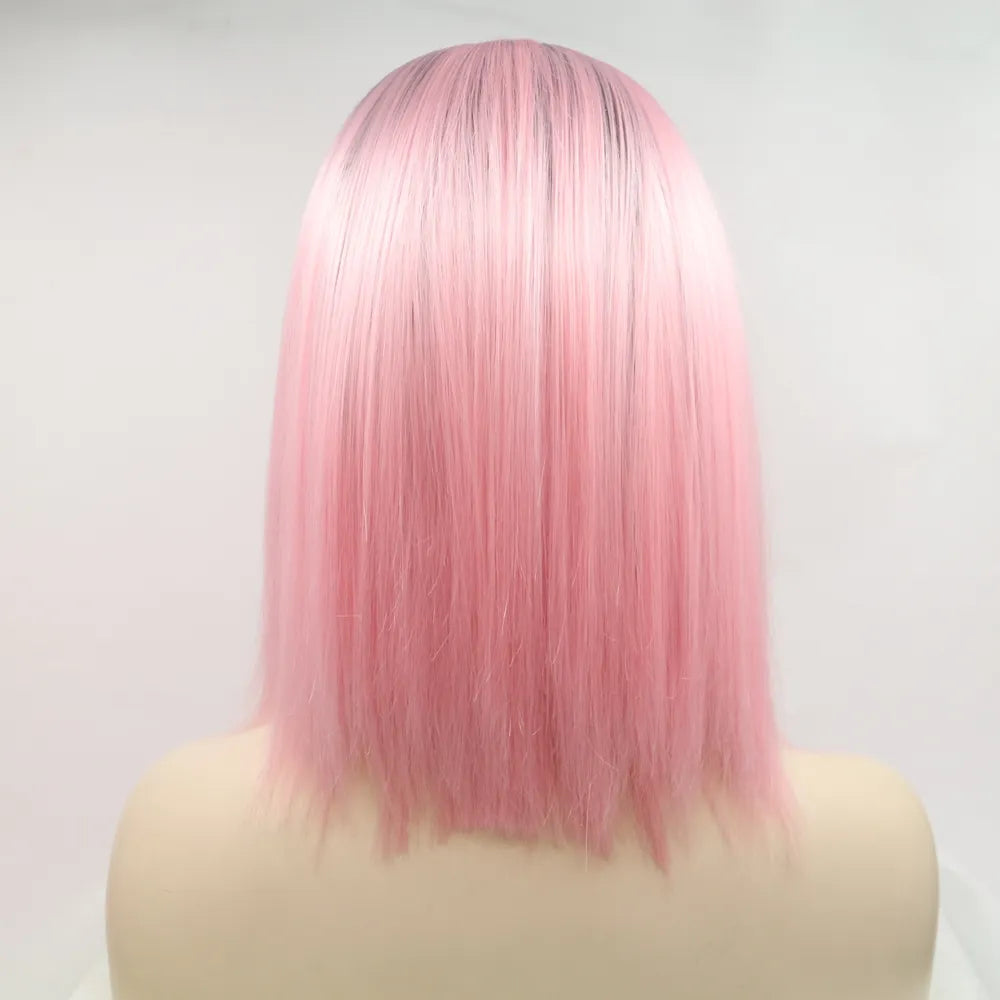Ombre pink blunt cut wig with dark roots, shown from the back on a mannequin.