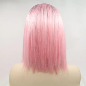 Ombre pink blunt cut wig with dark roots, shown from the back on a mannequin.
