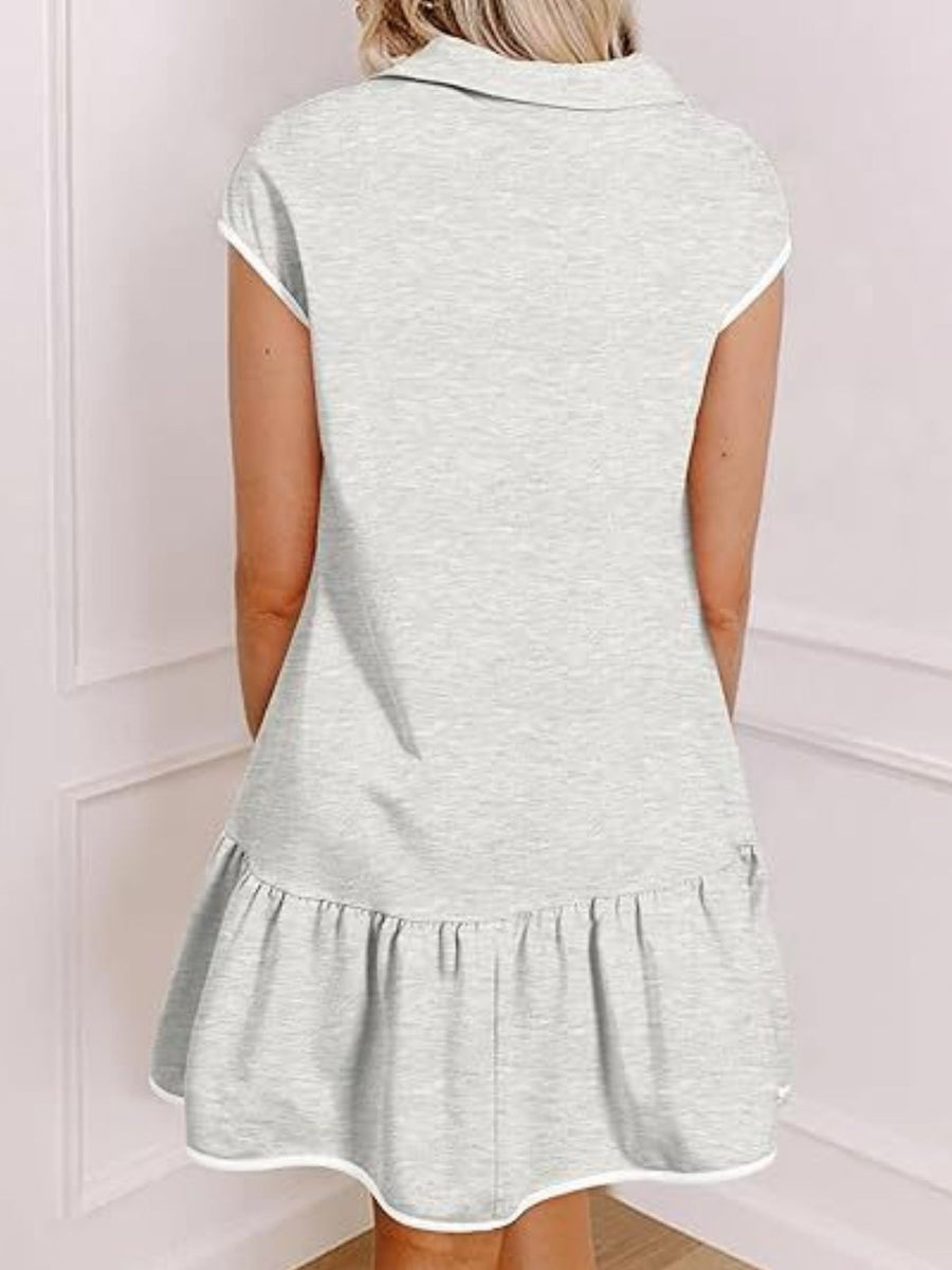 Light gray zip front cap sleeve ruffle dress with white trim