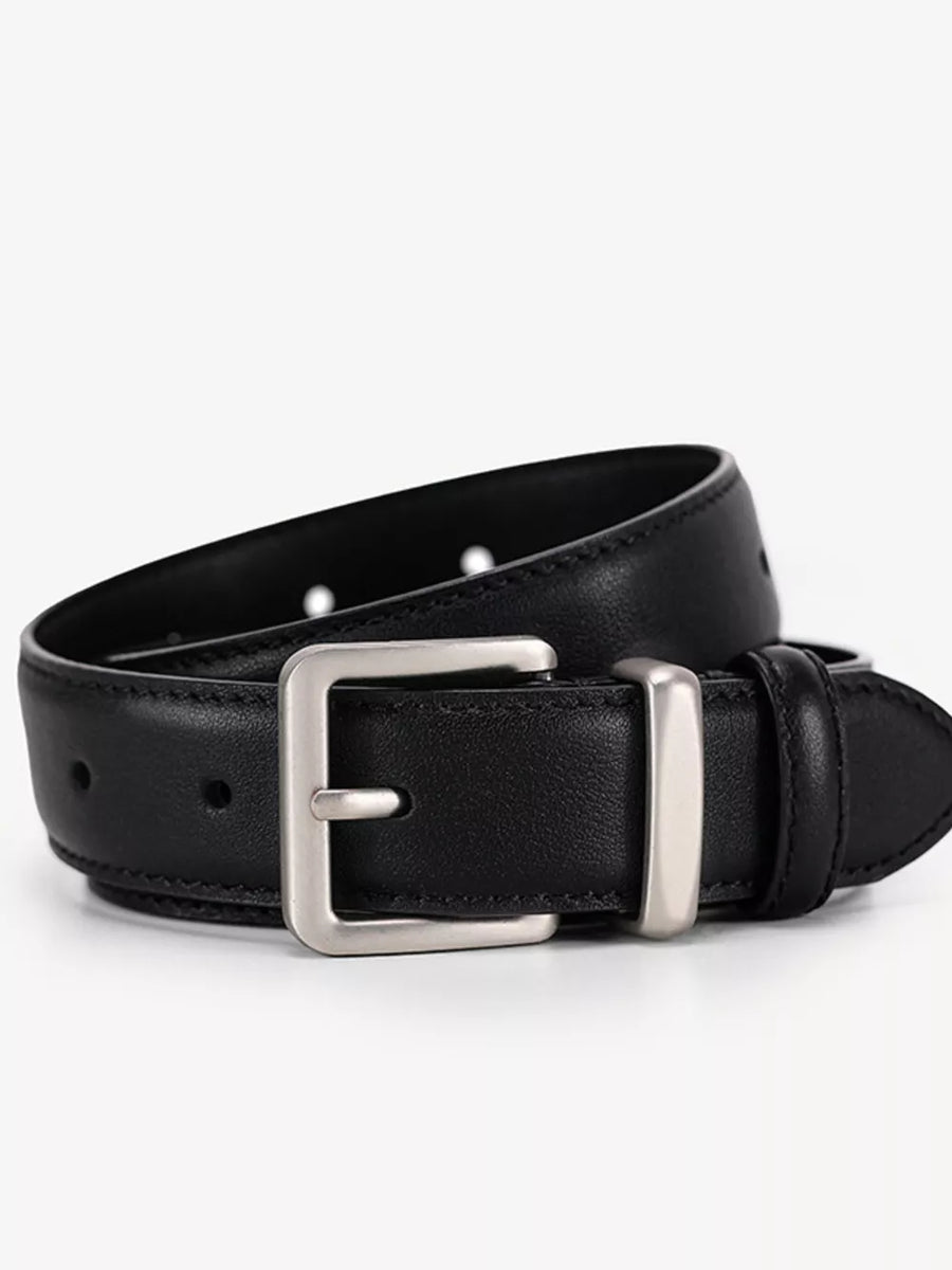 Black leather belt with an elegant silver buckle and stitched detail.