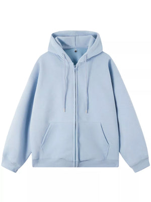 Light blue casual loose fit zip-up hoodie with drawstring and front pockets.