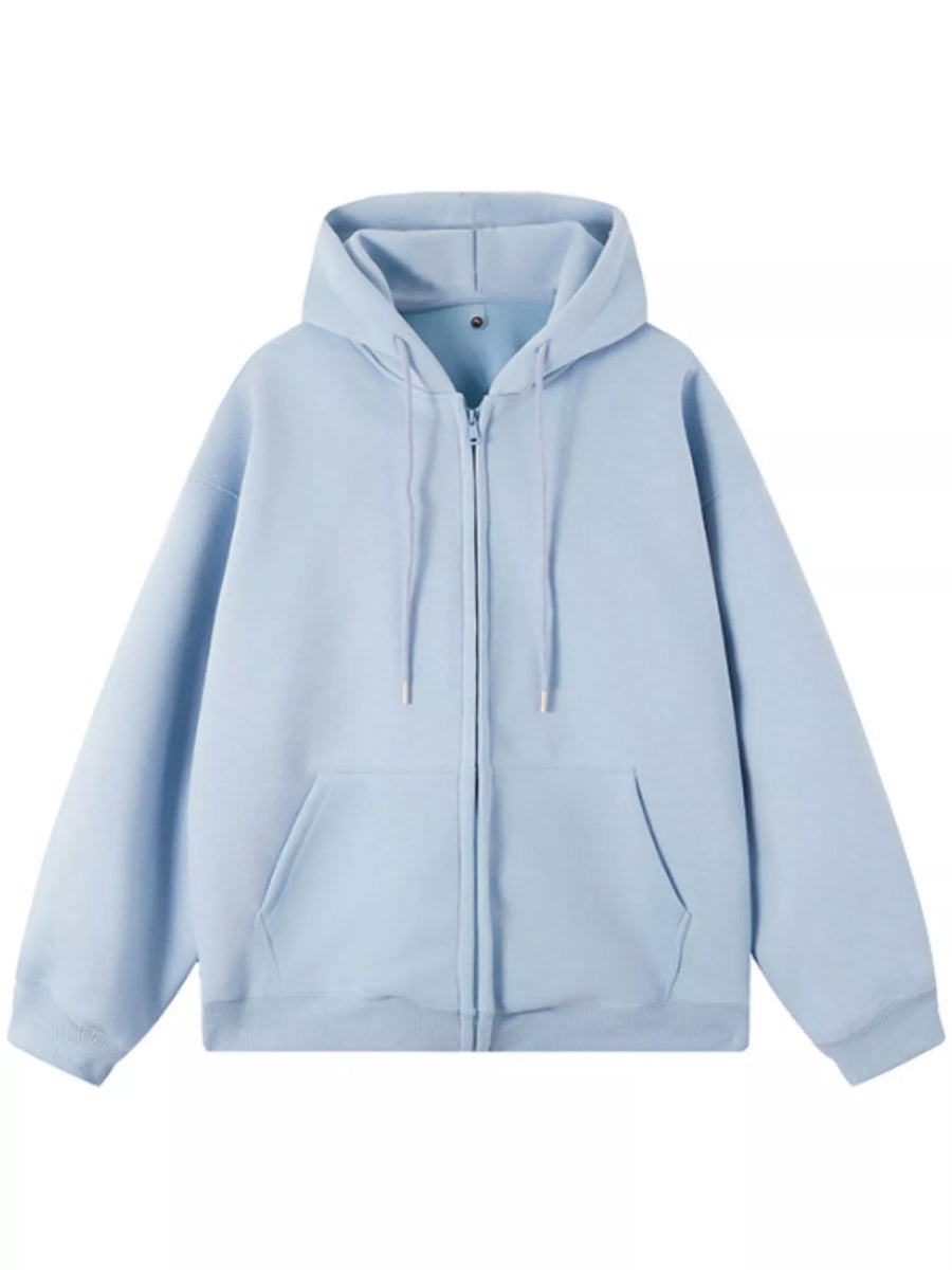 Light blue casual loose fit zip-up hoodie with drawstring and front pockets.