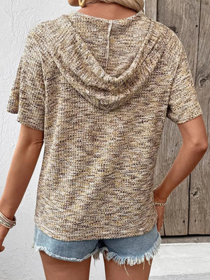 Waffle knit hooded t-shirt in a marled brown and tan blend with short sleeves.