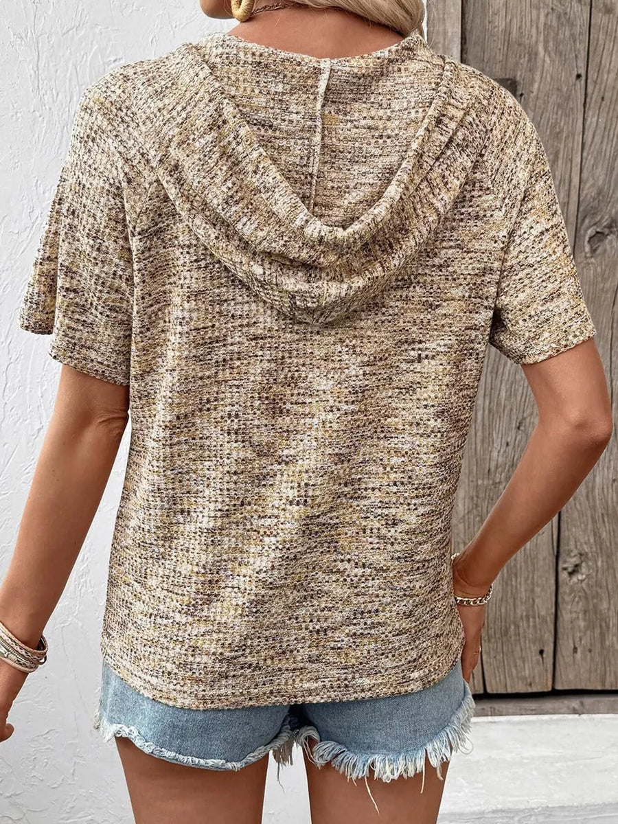 Waffle knit hooded t-shirt in a marled brown and tan blend with short sleeves.