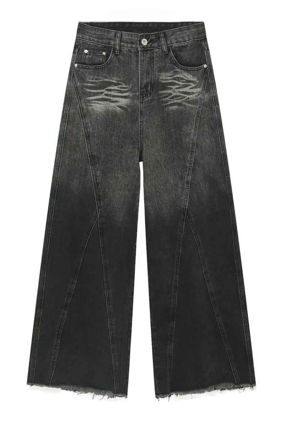 Dark denim palazzo trousers with a wide leg, distressed detailing, and frayed hem.