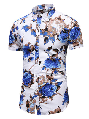 Men's short sleeve button-up shirt with blue floral print on white cotton.