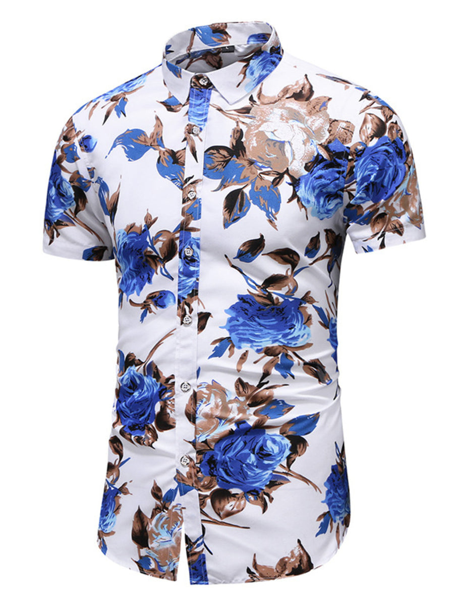 Men's short sleeve button-up shirt with blue floral print on white cotton.