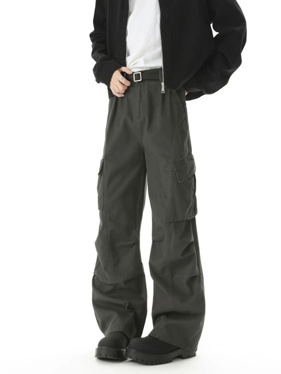Relaxed fit dark gray cargo pants with multiple pockets and a comfortable style.