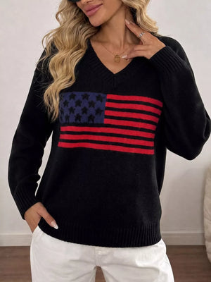 American Flag V-neck Knit Top in White