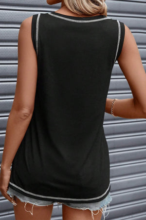 Black sequin leopard graphic tank top with contrast stitching